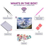 Mountain Vista diamond painting canvas with tweezers, applicator pen, tray, wax and coloured drills