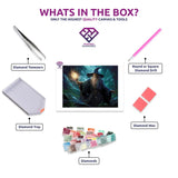 Mysterious Wizard diamond painting canvas with tweezers, applicator pen, tray, wax and coloured drills