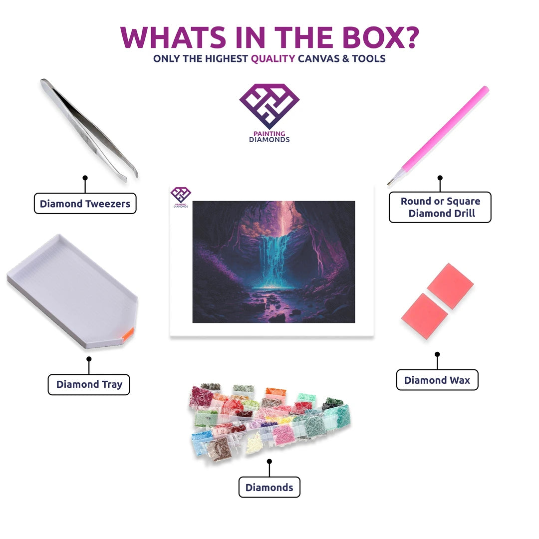 Mystic Waterfall diamond painting kit contents shown together