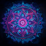 Neon-style mandala in electric blue, cyan and hot pink on a dark navy background