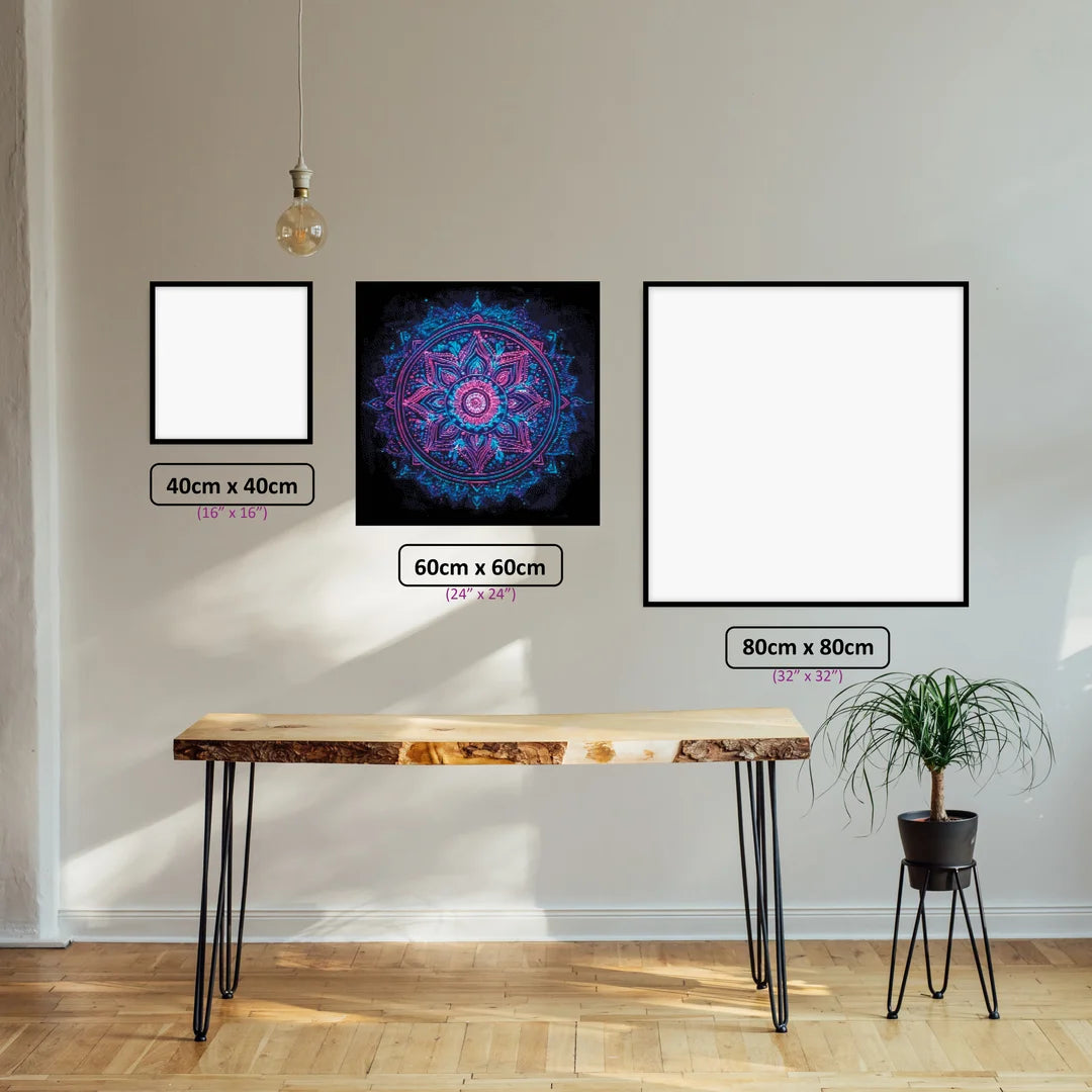 Neon Mandala Light diamond painting displayed in a room setting