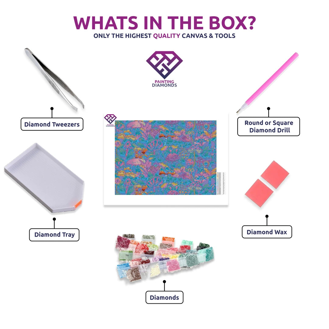 Neon Mushroom Wonderland diamond painting kit contents shown together