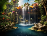Waterfall cascading into a blue pool Water falls vertically over a rocky ledge and splashes into the pool
