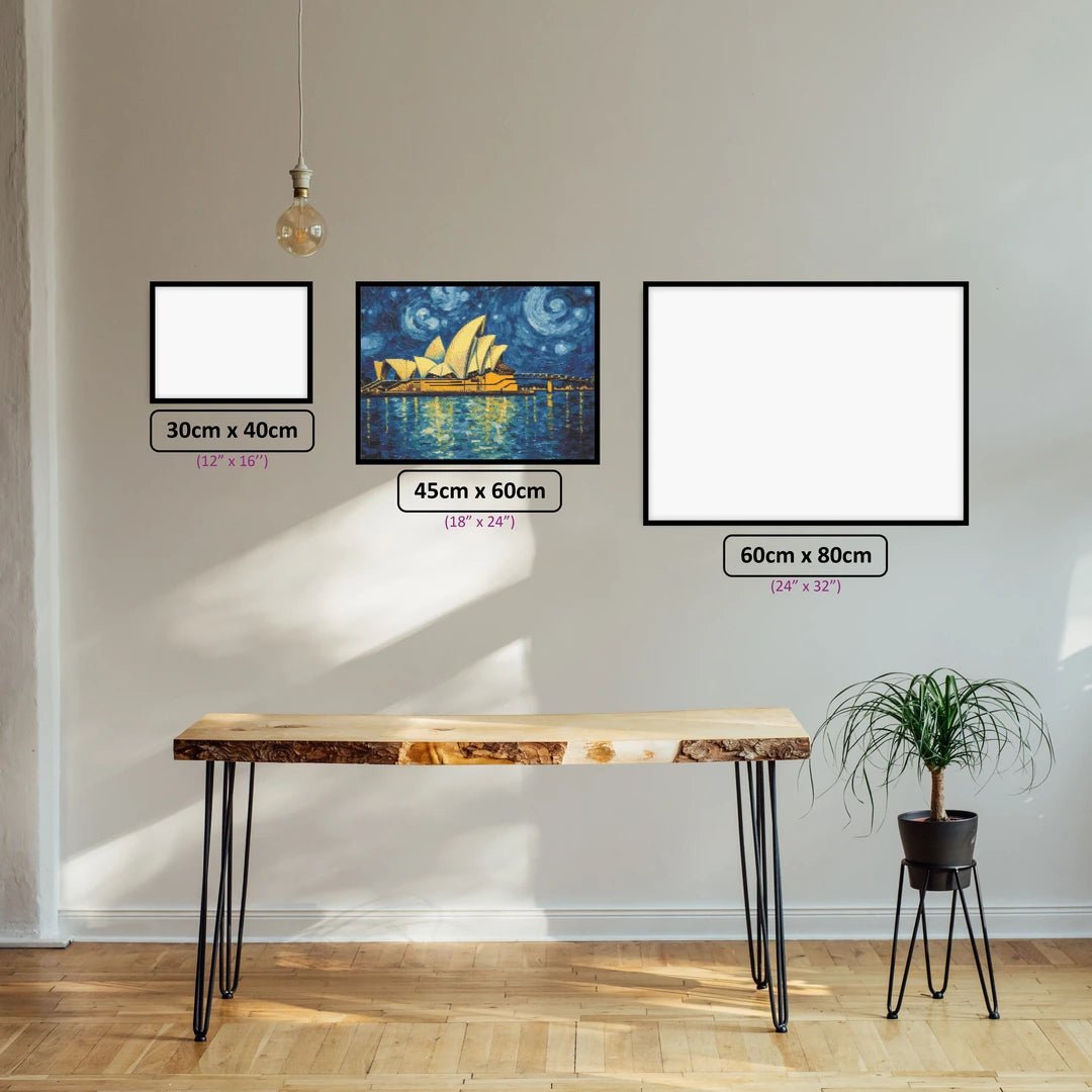 Opera House Nightfall diamond painting displayed in a room setting