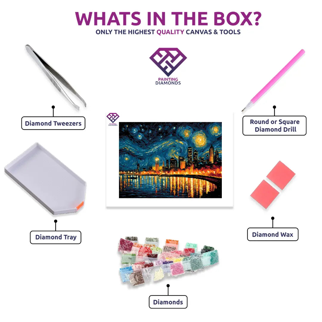 Perth City Lights diamond painting kit contents shown together