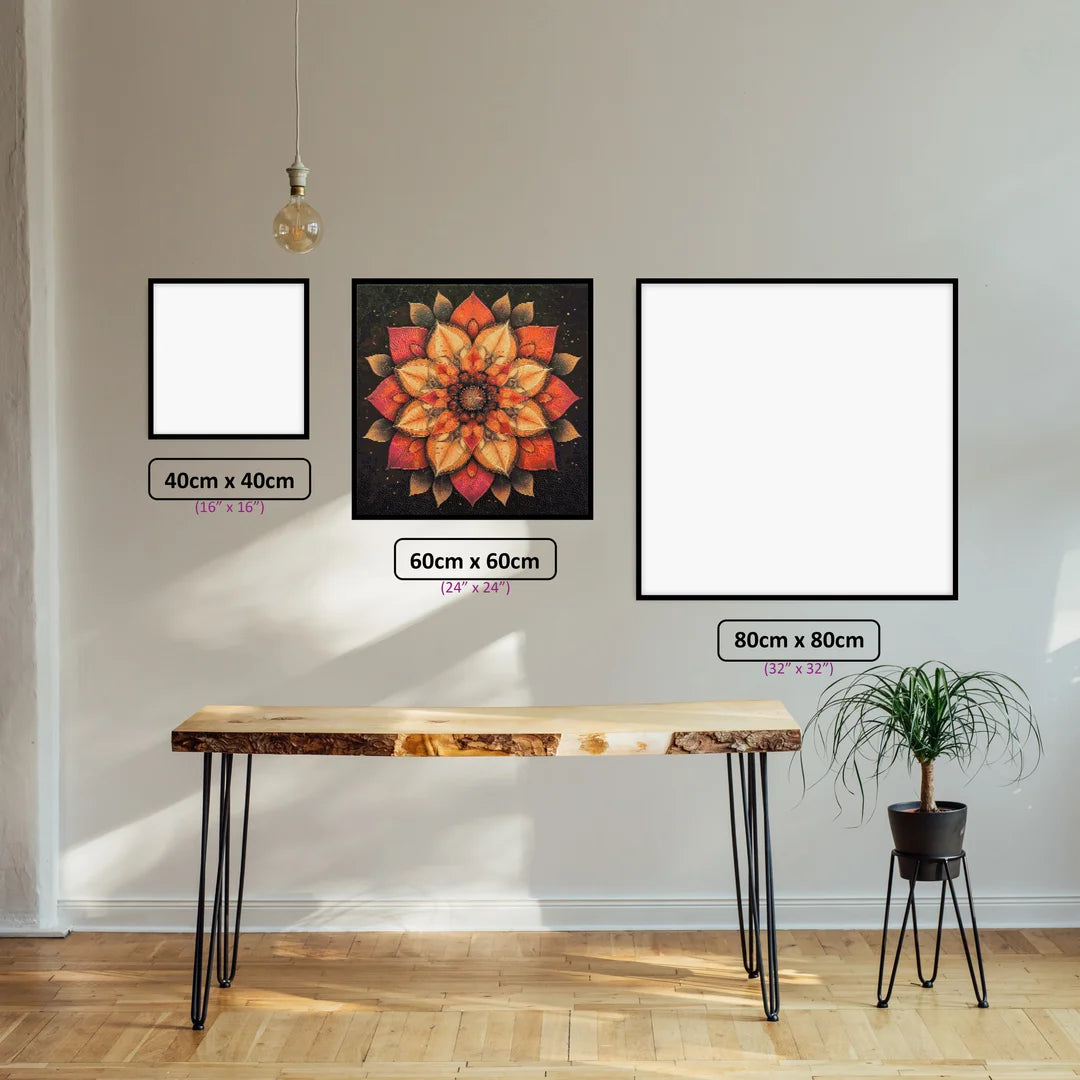 Petal Mandala Radiance diamond painting displayed in a room setting