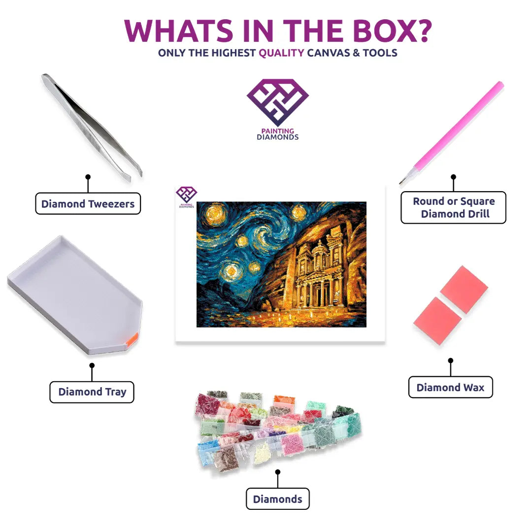 Petra by Moonlight diamond painting kit contents shown together