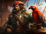 Stern pirate in a red hat beside a red-and-black parrot aboard a sailing ship under a blue sky