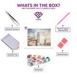Pisa Pastels diamond painting kit contents shown together