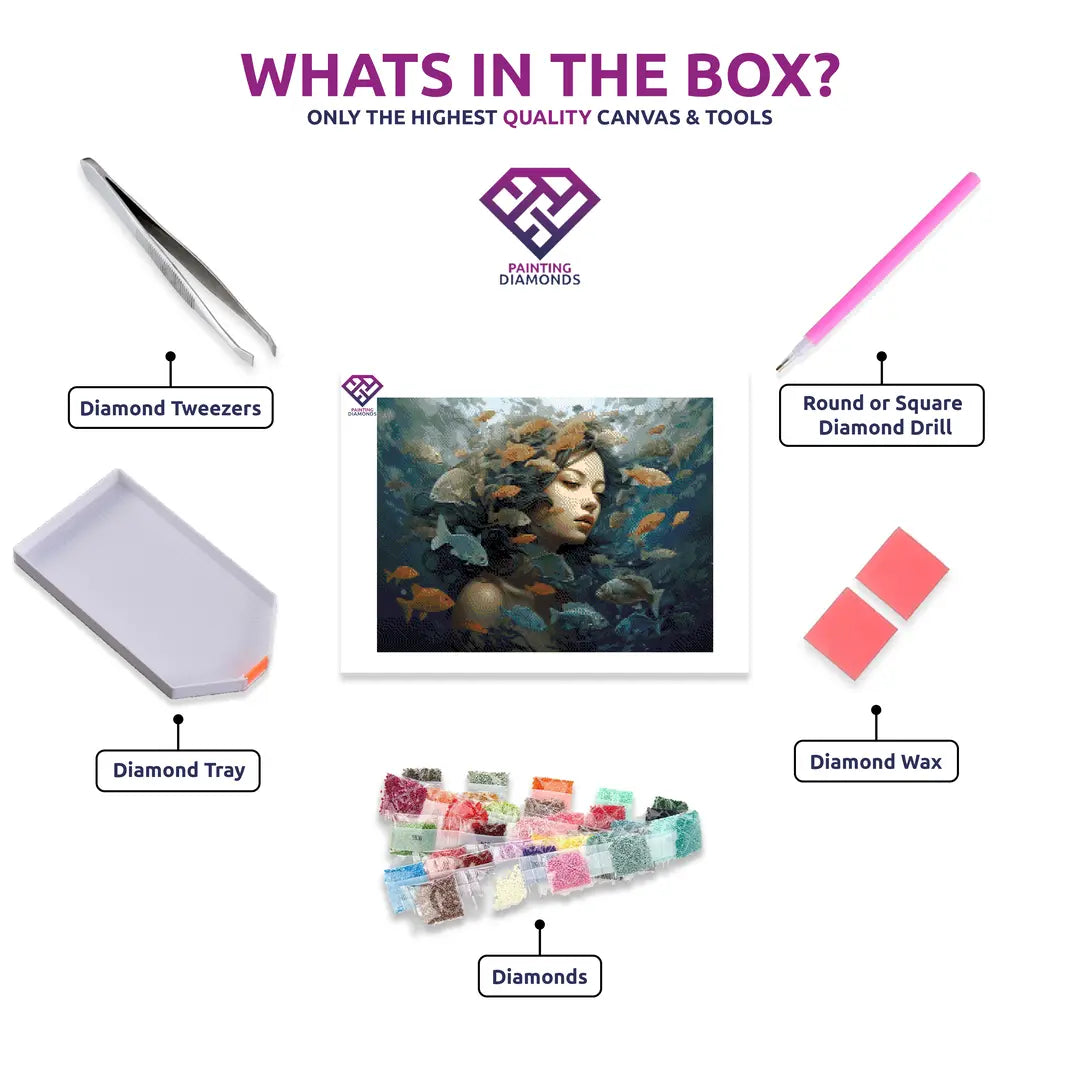 Pisces' Ocean Dreams diamond painting kit contents shown together
