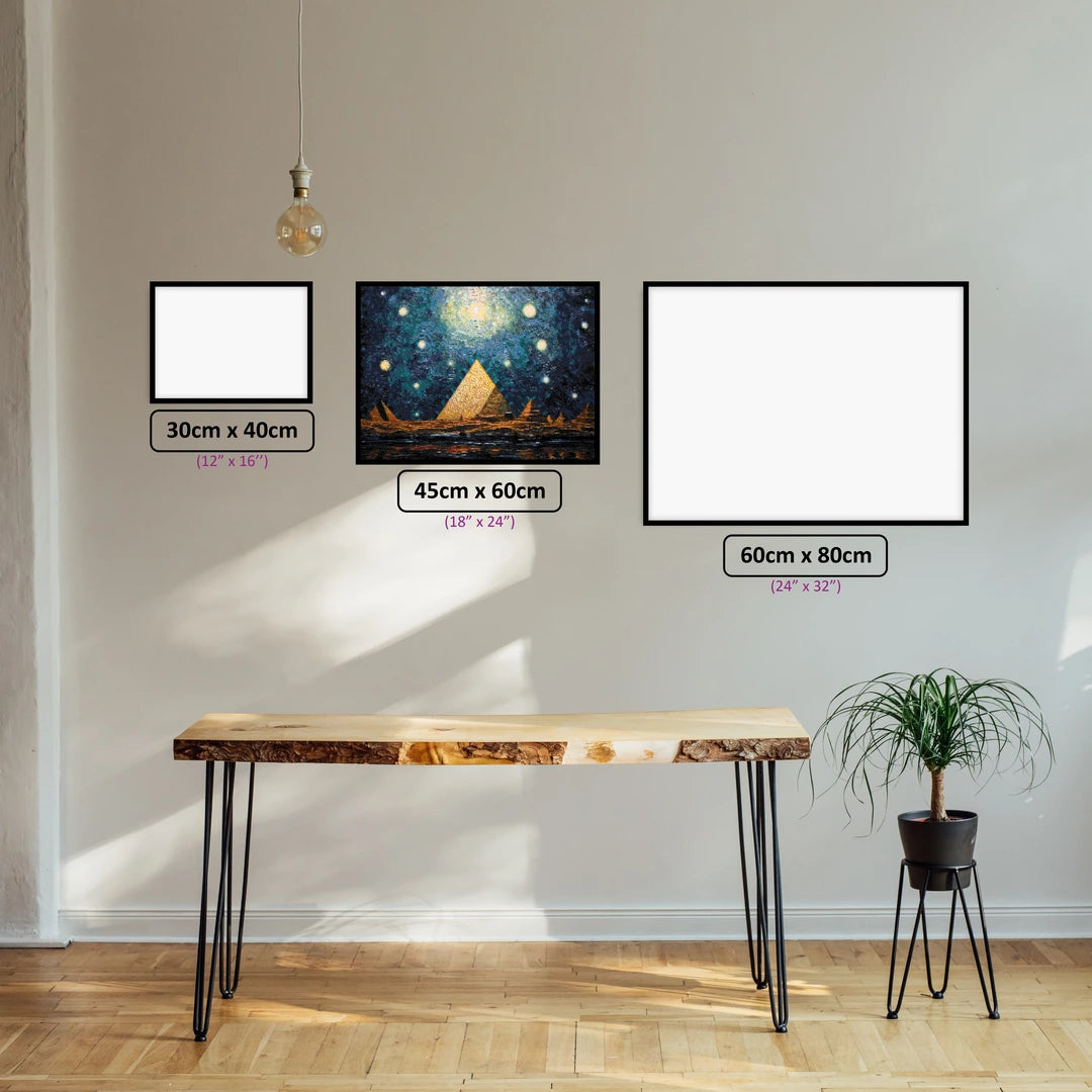 Pyramids Under a Starry Veil diamond painting displayed in a room setting