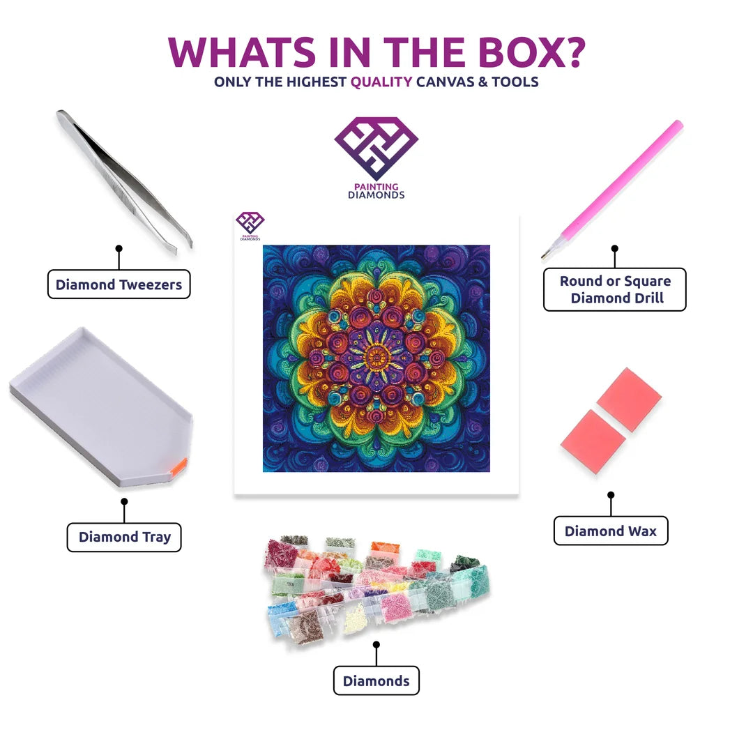Rainbow Mandala Swirls diamond painting kit with canvas, drills, tray, pen and wax