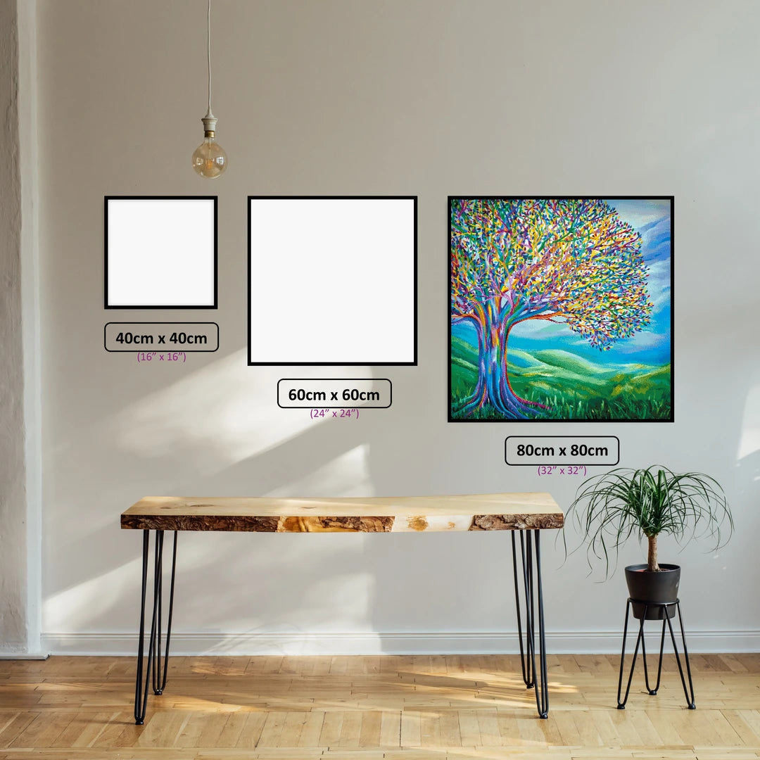 Rainbow Tree diamond painting displayed in a room setting