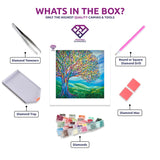Rainbow Tree diamond painting kit contents shown together