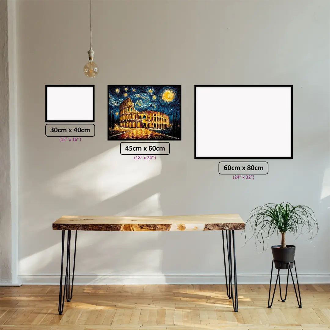 Roman Colosseum Lights diamond painting displayed in a room setting