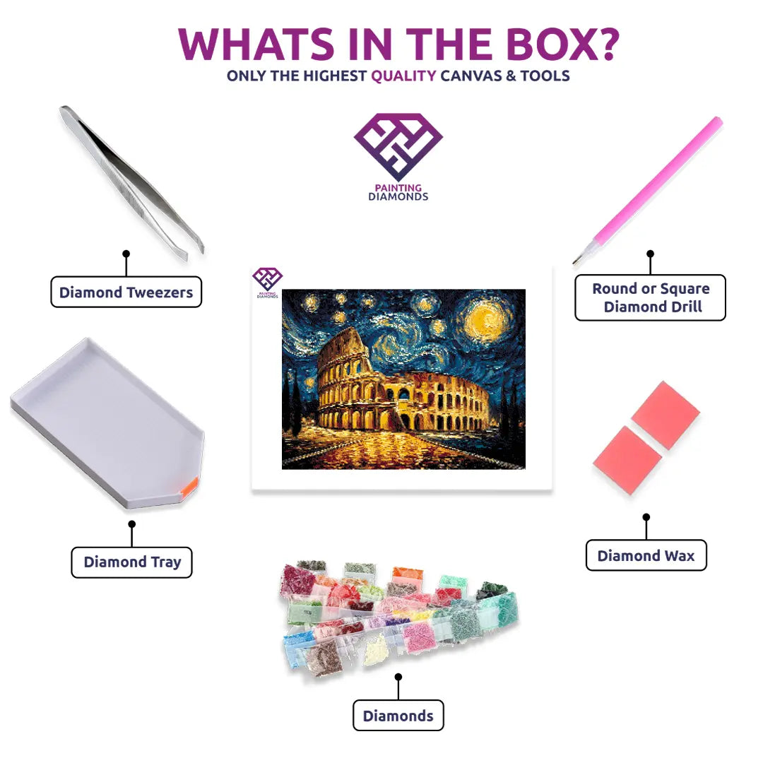 Roman Colosseum Lights diamond painting kit contents shown together