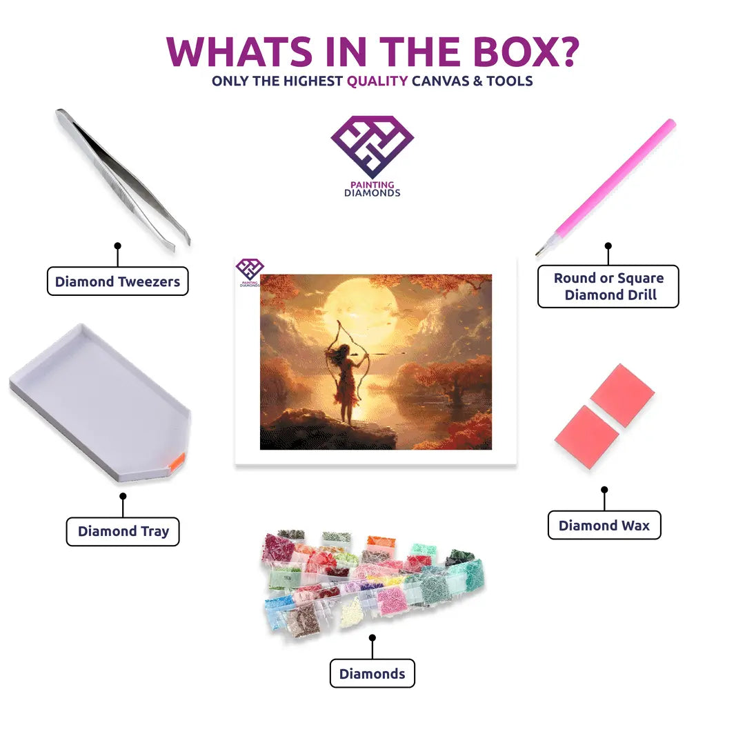 Sagittarius' Adventurous Spirit diamond painting kit contents shown together