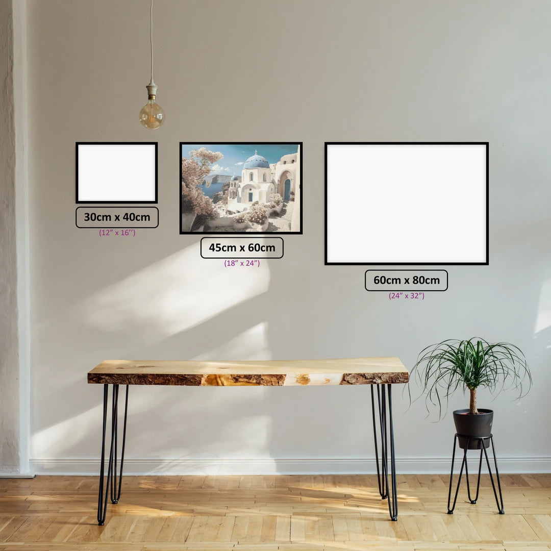 Santorini diamond painting displayed in a room setting