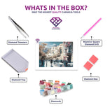 Santorini diamond painting kit contents shown together