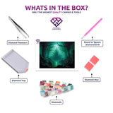 Scorpio's Mystical Depths diamond painting kit contents shown together