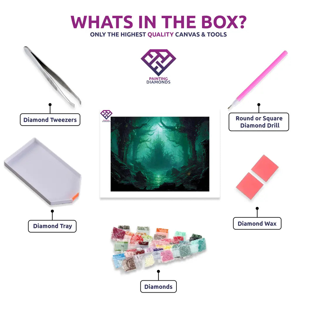Scorpio's Mystical Depths diamond painting kit contents shown together