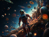 human-like figure wearing a red, white, and dark-coloured spacesuit