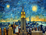 tall, illuminated skyscraper with a narrow spire beneath stylized skyline under a luminous sky