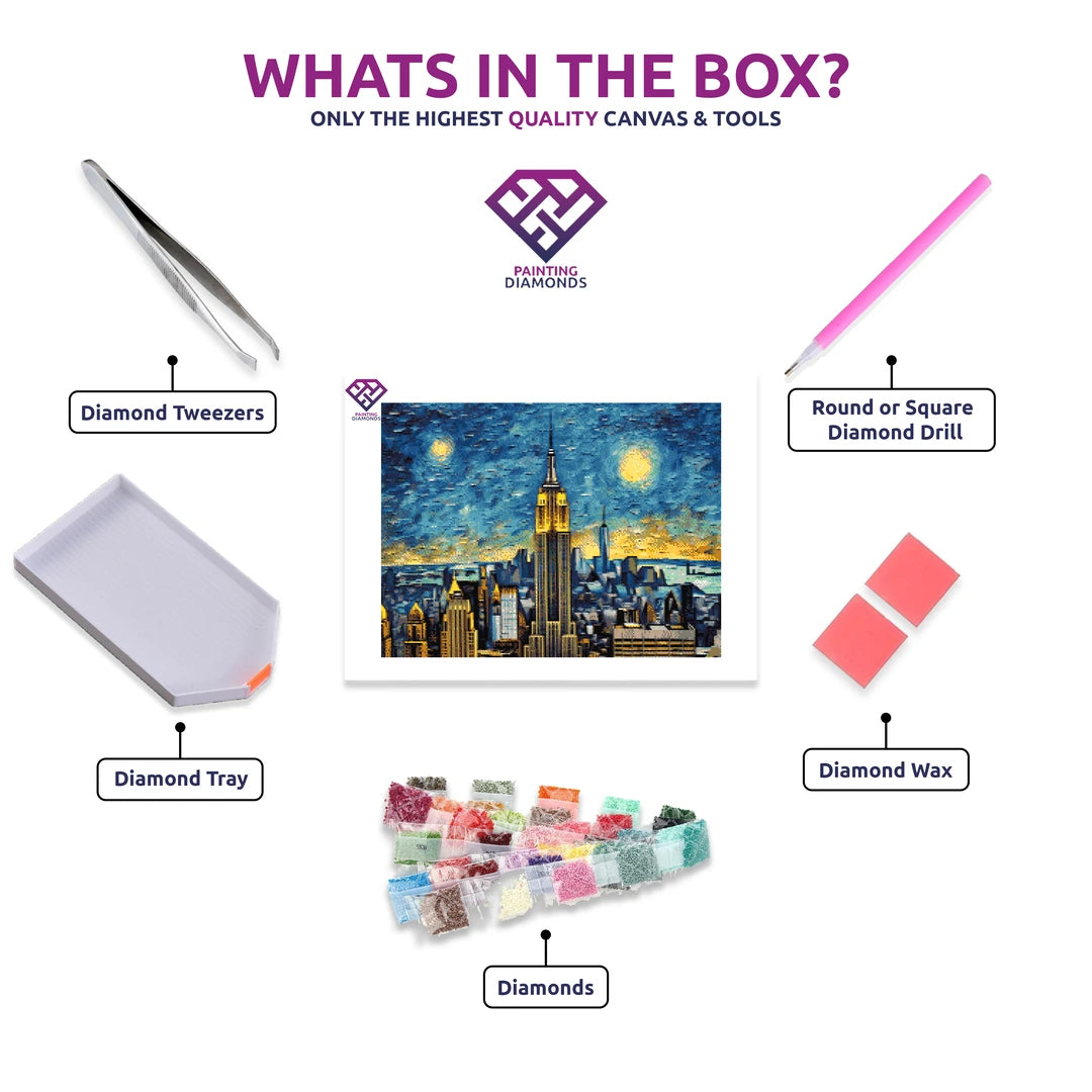 Starry Empire State diamond painting canvas with tweezers, applicator pen, tray, wax and coloured drills