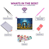 Starry Mystique of Stonehenge diamond painting canvas with tweezers, applicator pen, tray, wax and coloured drills