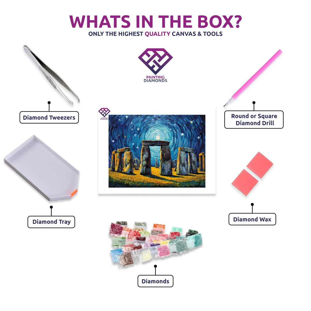 Starry Mystique of Stonehenge diamond painting canvas with tweezers, applicator pen, tray, wax and coloured drills