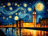 painted night view of the Elizabeth Tower and Palace of Westminster beside a river