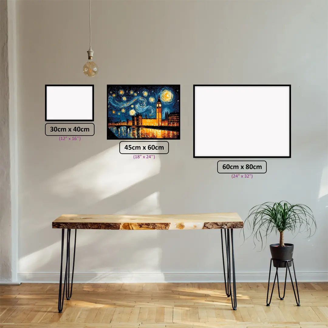 Starry Night Over London diamond painting displayed in a room setting