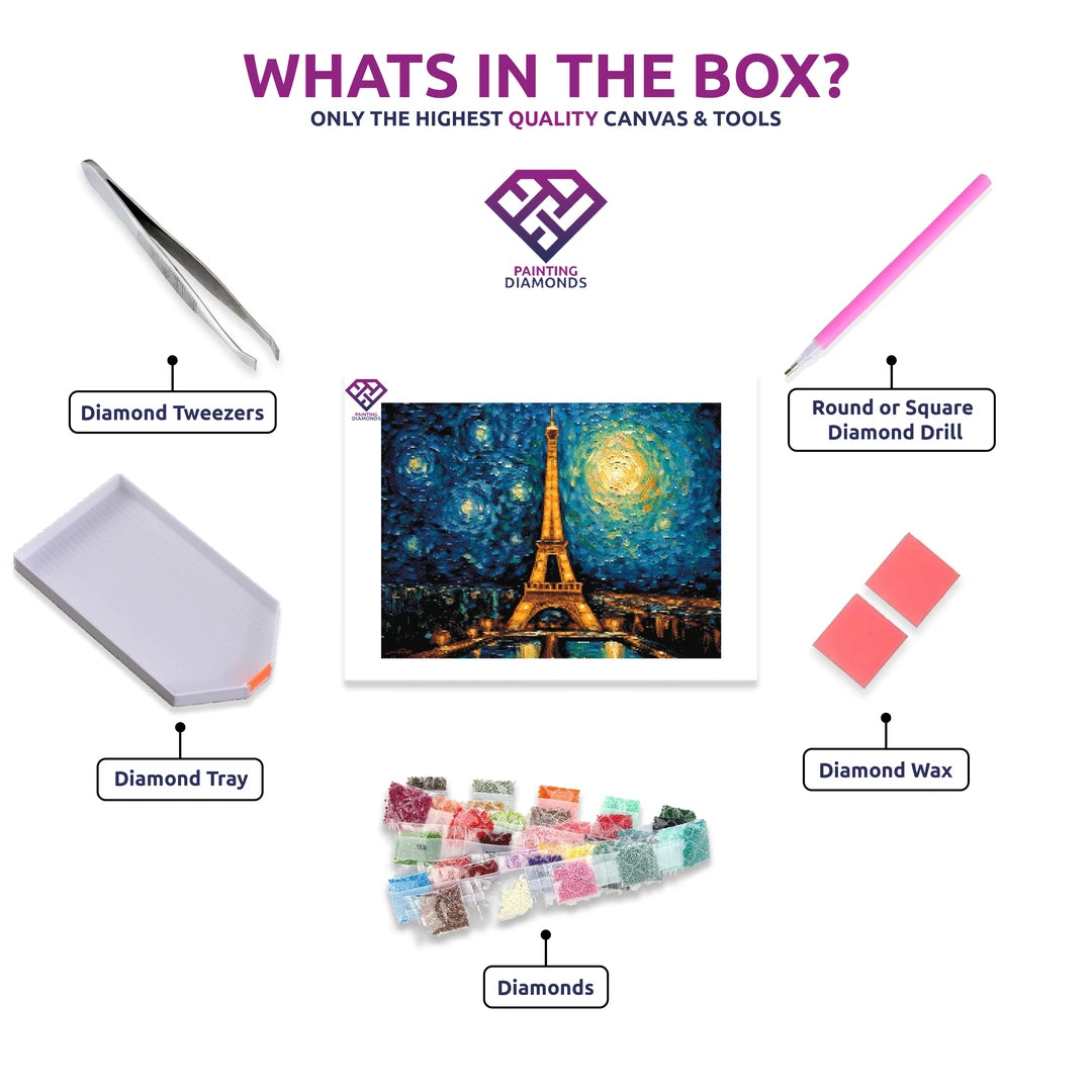 Starry Parisian Nights diamond painting canvas with tweezers, applicator pen, tray, wax and coloured drills
