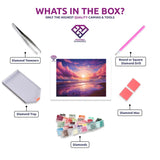 Sunset Beach diamond painting canvas with tweezers, applicator pen, tray, wax and coloured drills