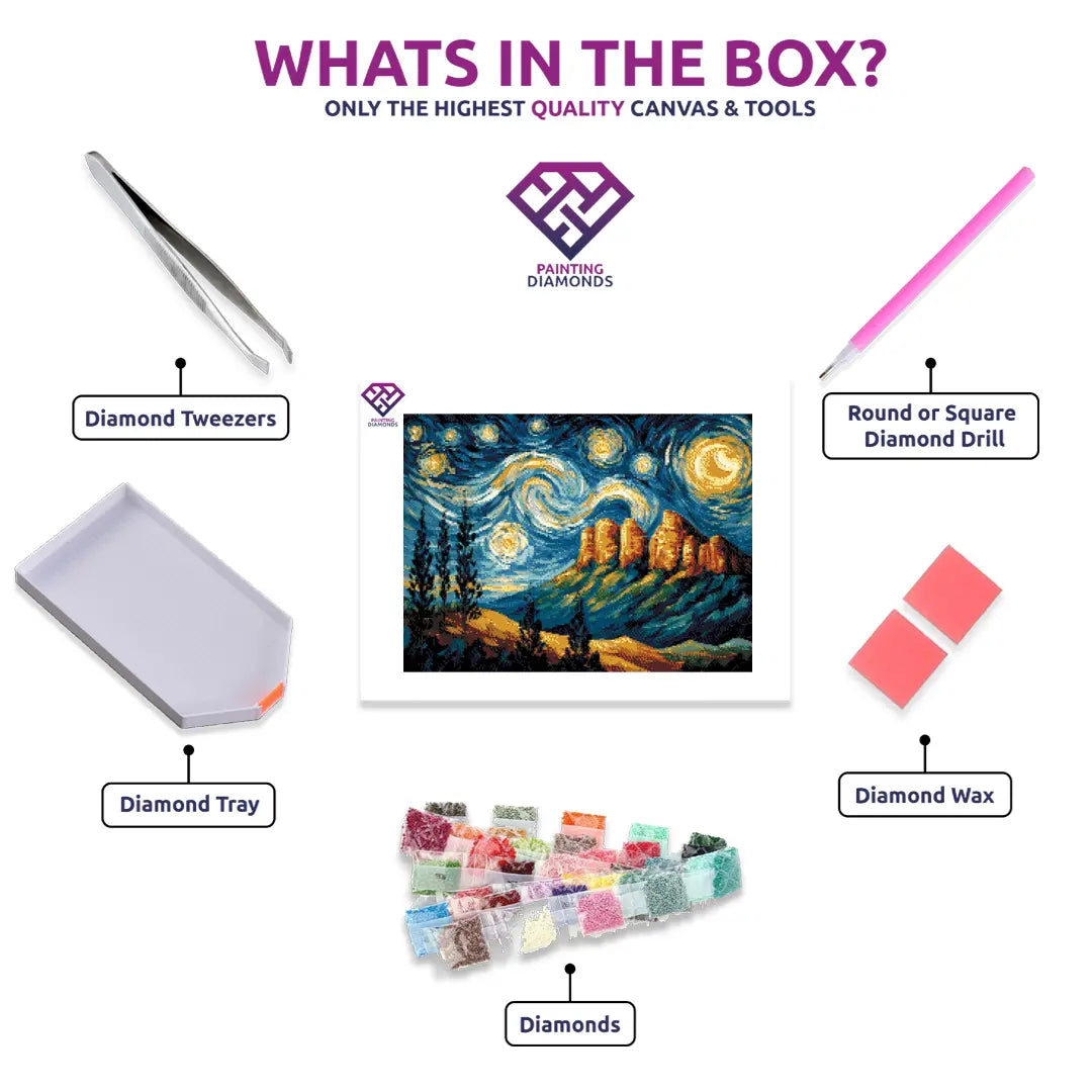 Three Sisters diamond painting kit contents shown together