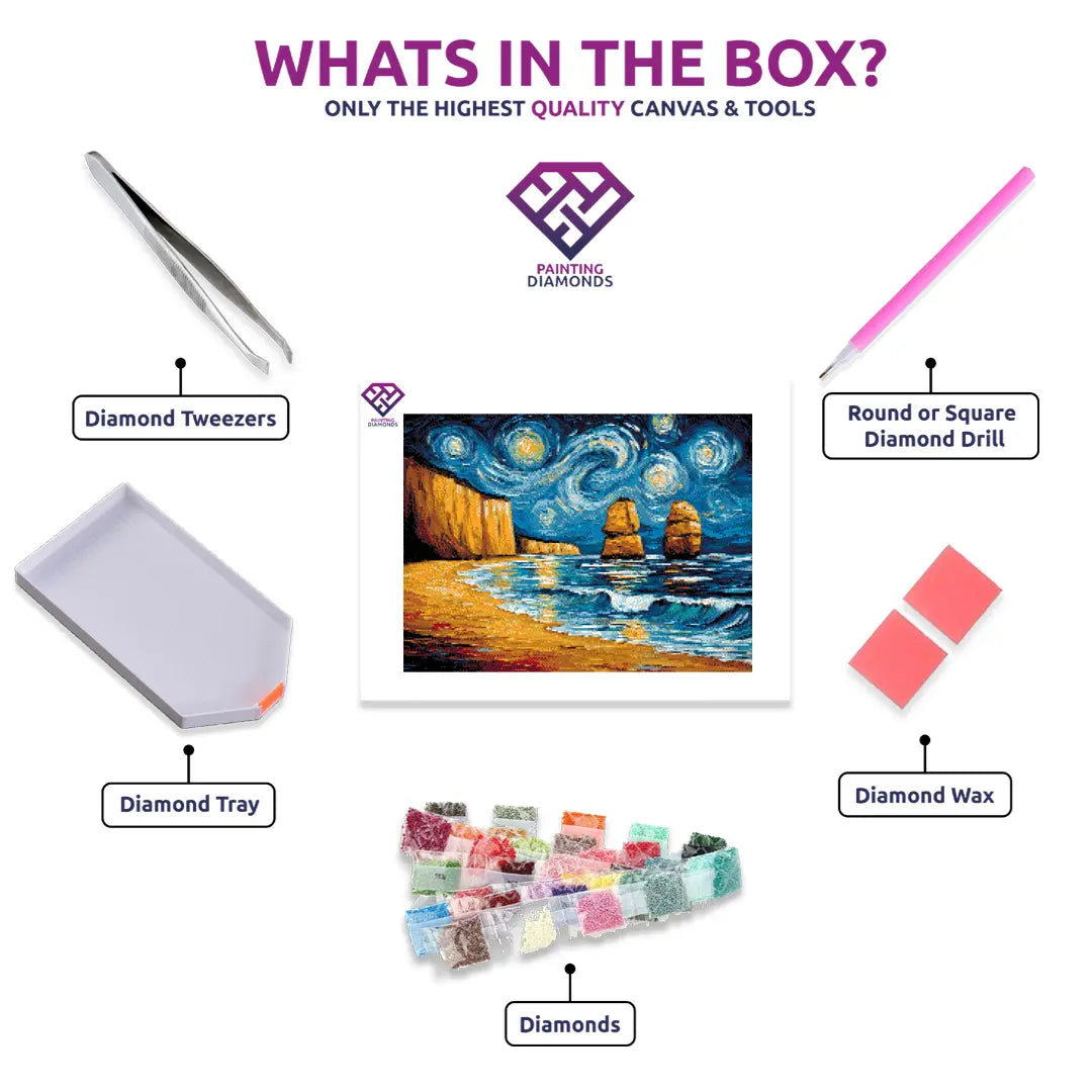 Twelve Apostles diamond painting kit contents shown together