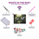 Unicorn Relics diamond painting canvas with tweezers, applicator pen, tray, wax and coloured drills
