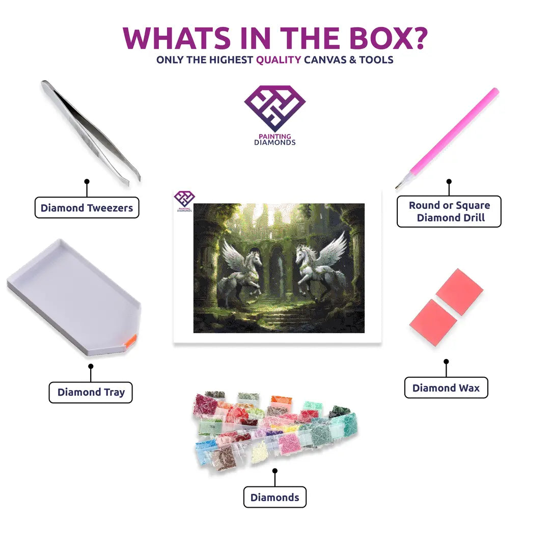 Unicorn Relics diamond painting canvas with tweezers, applicator pen, tray, wax and coloured drills