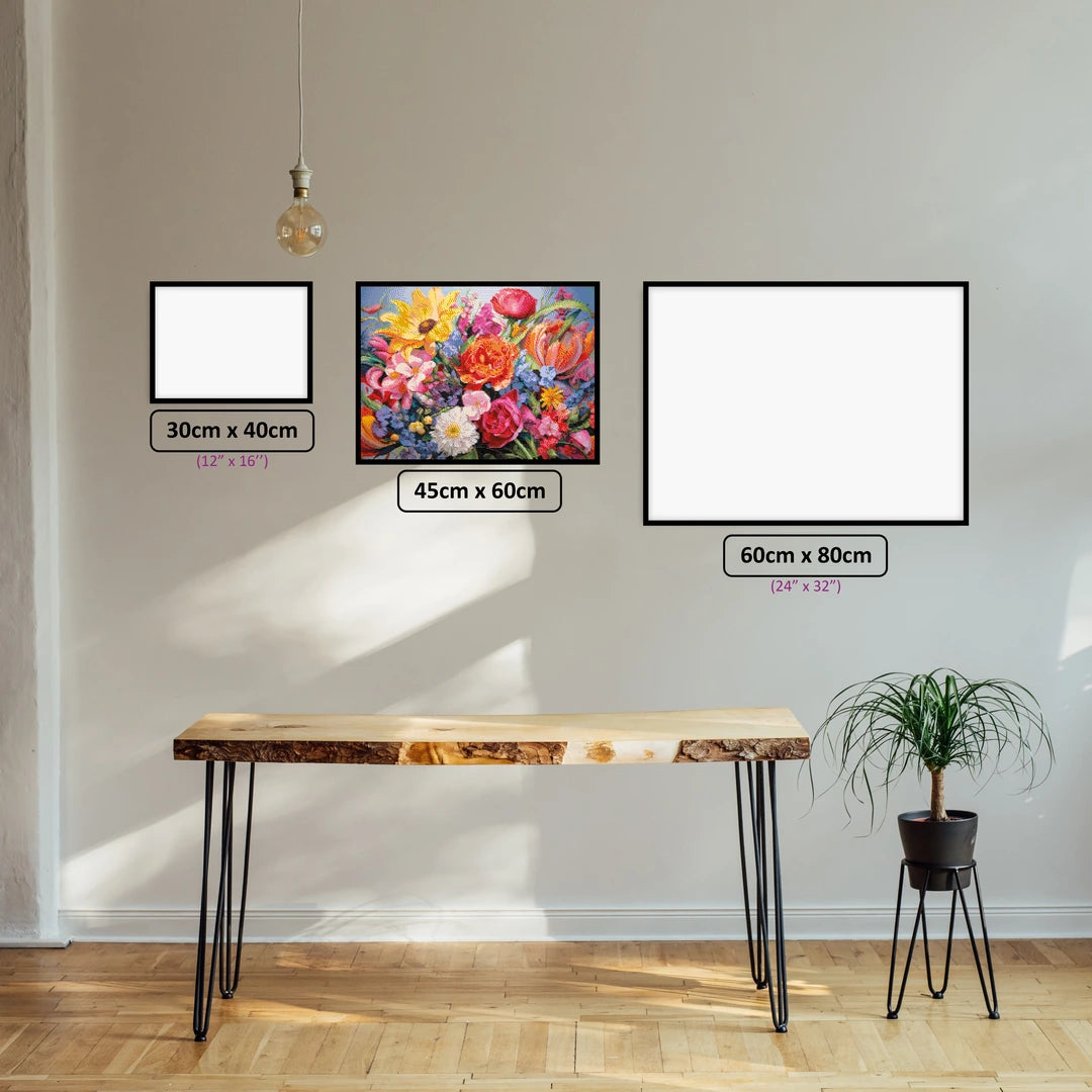 Vibrant Floral Bouquet diamond painting displayed in a room setting