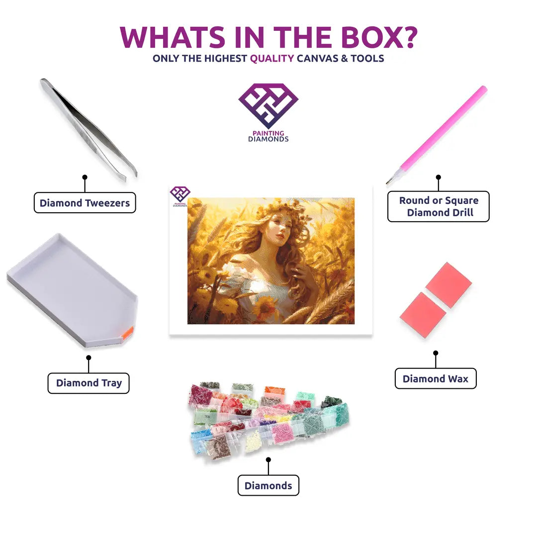 Virgo's Harvest Abundance diamond painting kit contents shown together