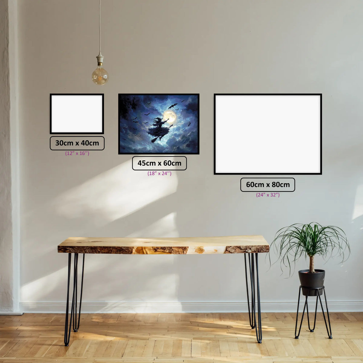 Witch's Moonlit Flight diamond painting displayed in a room setting