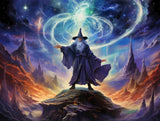 bearded wizard-like figure wearing a pointed hat and long dark robes Standing on a rocky summit