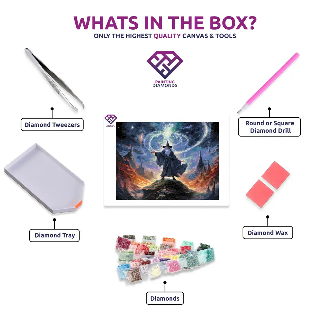 Wizard's Nexus diamond painting canvas with tweezers, applicator pen, tray, wax and coloured drills