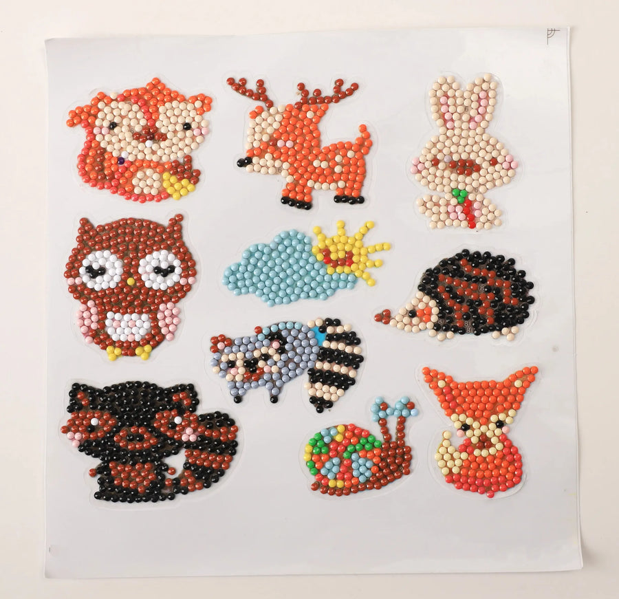 Woodland animals diamond painting sticker kit with owl deer rabbit fox hedgehog snail and forest animal designs