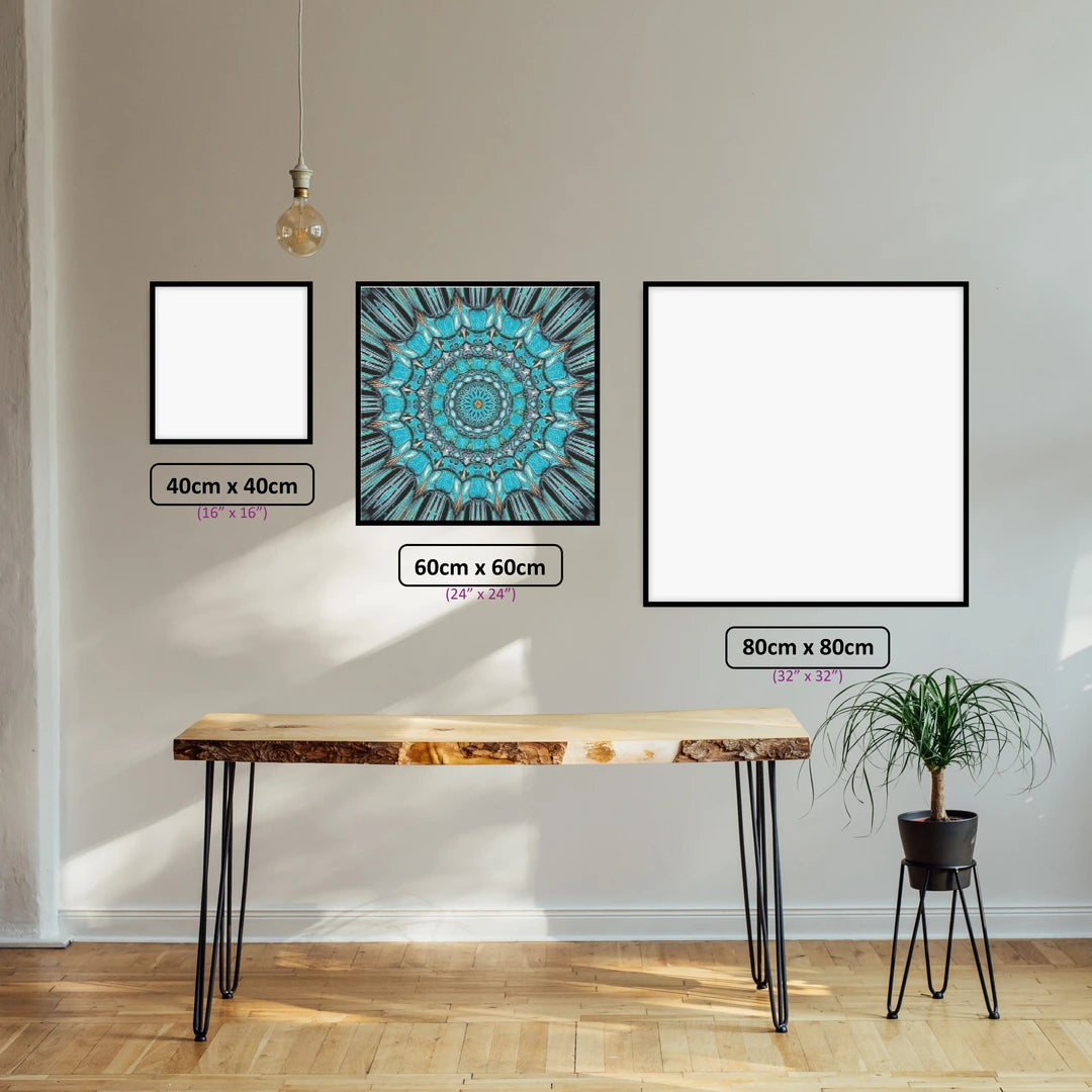 Aqua Kaleidoscope Dream diamond painting displayed in a room setting
