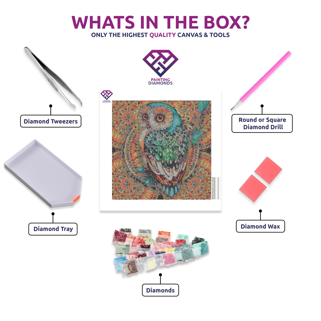 Artistic Owl diamond painting kit contents shown together