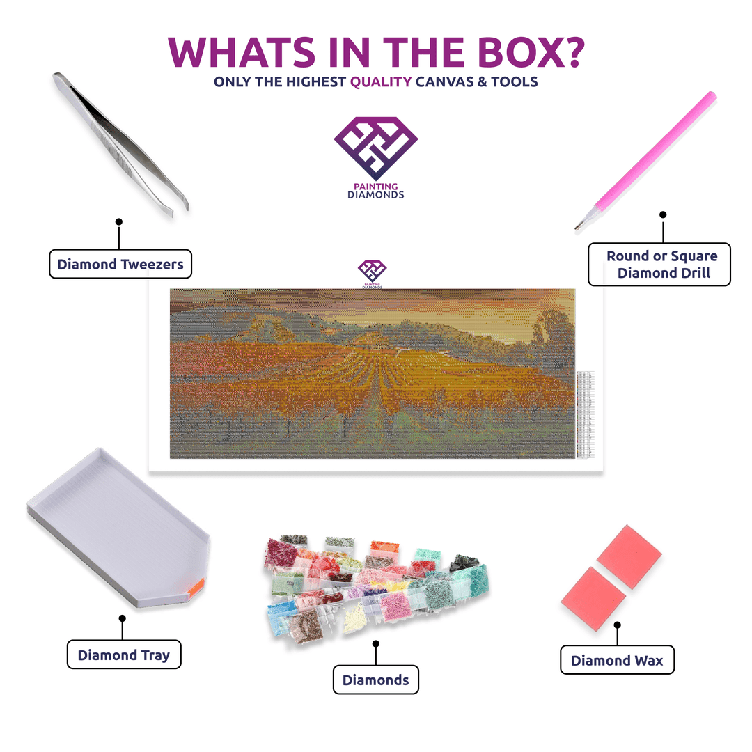 Autumn Winery Escape diamond painting canvas with tweezers, applicator pen, tray, wax and coloured drills