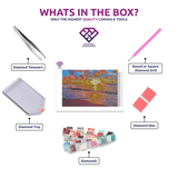 Beach Sunset 1 diamond painting canvas with tweezers, applicator pen, tray, wax and coloured drills