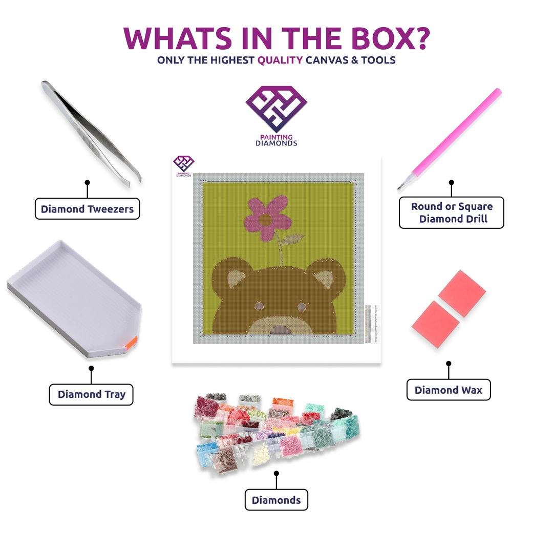 Bear - Beginner diamond painting kit contents shown together