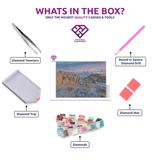 Beerbarrel Beach Bliss diamond painting canvas with tweezers, applicator pen, tray, wax and coloured drills